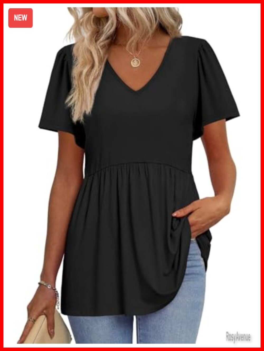 OFEEFAN Womens Babydoll Peplum Top Short Puff Sleeve V Neck Loose Fit Tunic